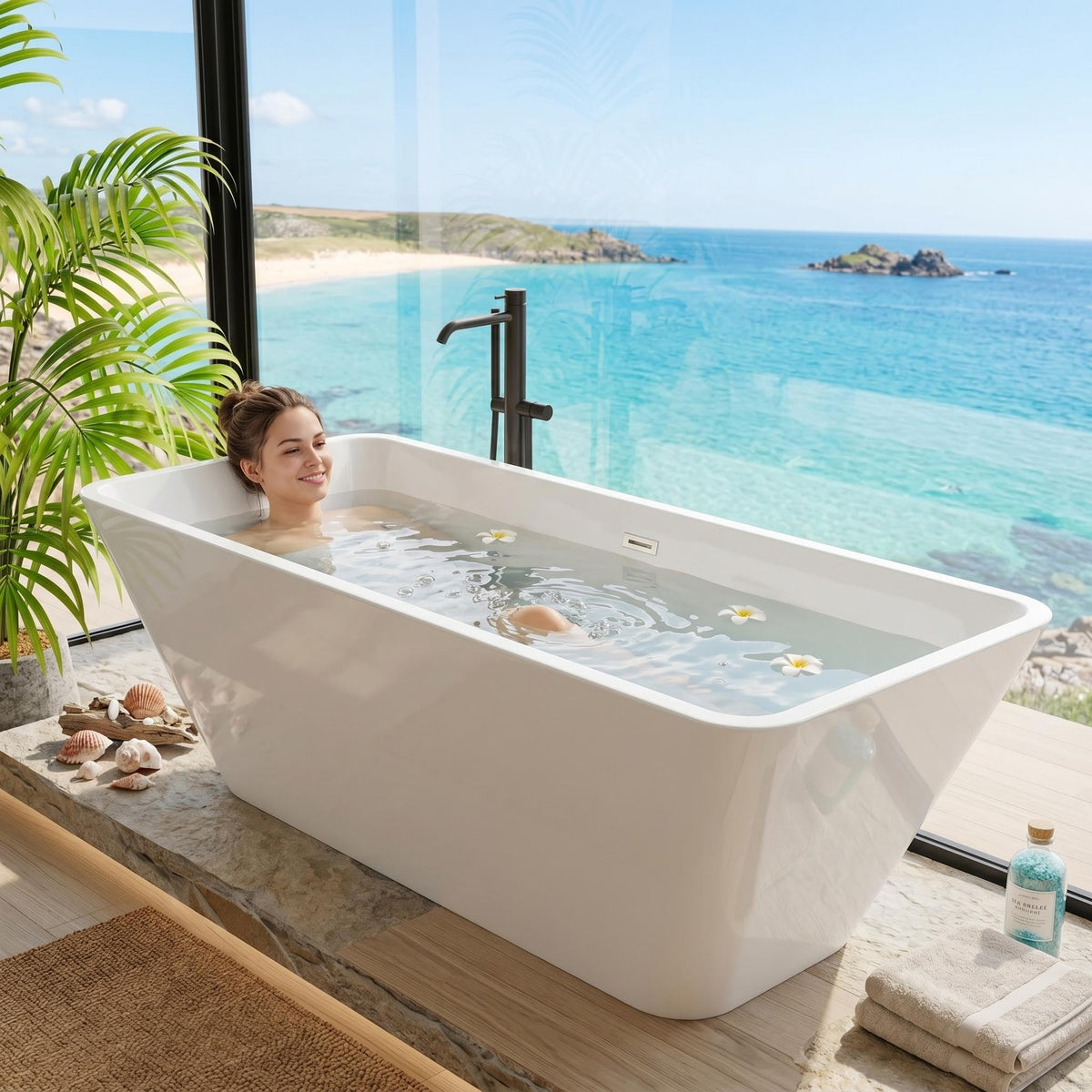 59" Acrylic Freestanding Soaking Bathtub, Deep Ergonomic Design with Lumbar Support, Integrated Overflow Drain, Non-Slip Base,cUPC Certified Modern Bathroom Tub, Easy Installation for Bathroom