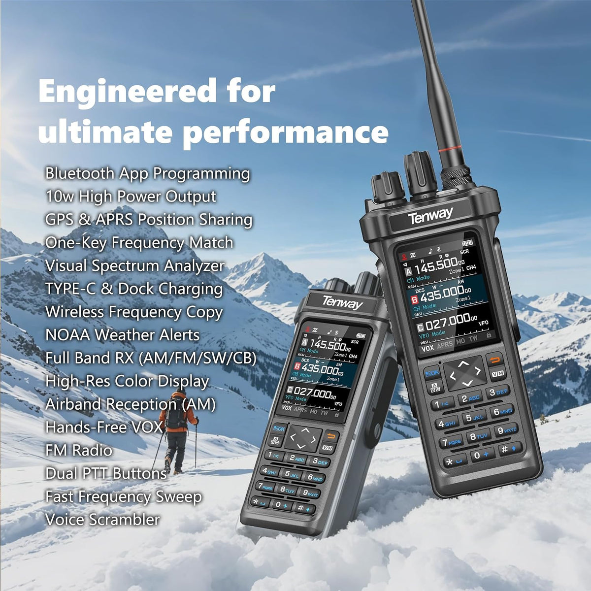 Tenway TP-900 PRO 10W Handheld Ham Radio with NOAA, GPS APRS, 27MHz Antenna