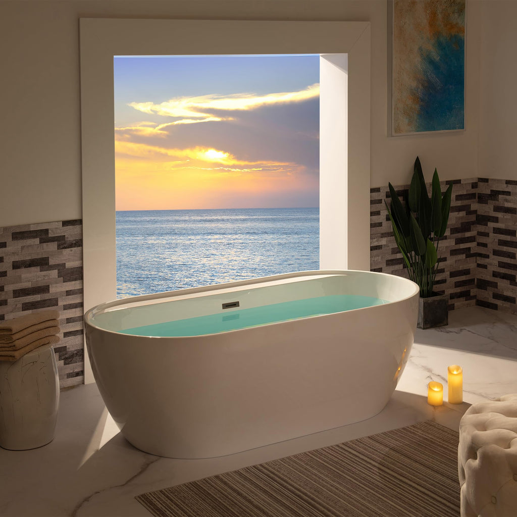 WOODBRIDGE 72" Acrylic Freestanding Bathtub Contemporary Soaking White Tub with Brushed Nickel Overflow and Drain,B0059BN