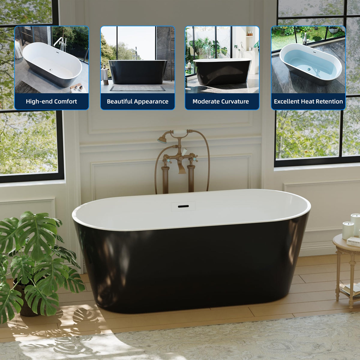 59" Acrylic Freestanding Bathtub, Modern Soaking Tub with Matte Drain and Overflow, Ergonomic Deep Design, Double-Walled Insulation, CUPC Certified, Easy Clean, Slip-Resistant, Gloss White