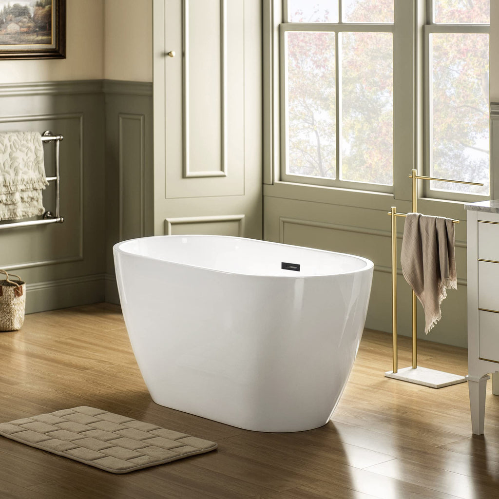 WOODBRIDGE 48" Acrylic Freestanding Bathtub Contemporary Soaking Tub, White Acrylic(Brushed Nickel Drain/Overflow),BTA1703-B/N-Drain&O