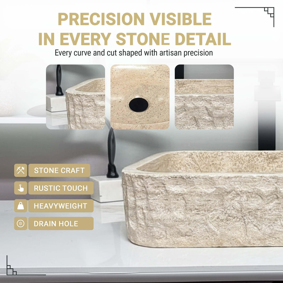 Oval Travertine Vessel Sink â Natural Stone Wash Basin, Hand-Carved Bathroom Sink with Chiseled Exterior & Polished Interior, Above Counter Vanity Basin (Includes Matching Soap Tray)