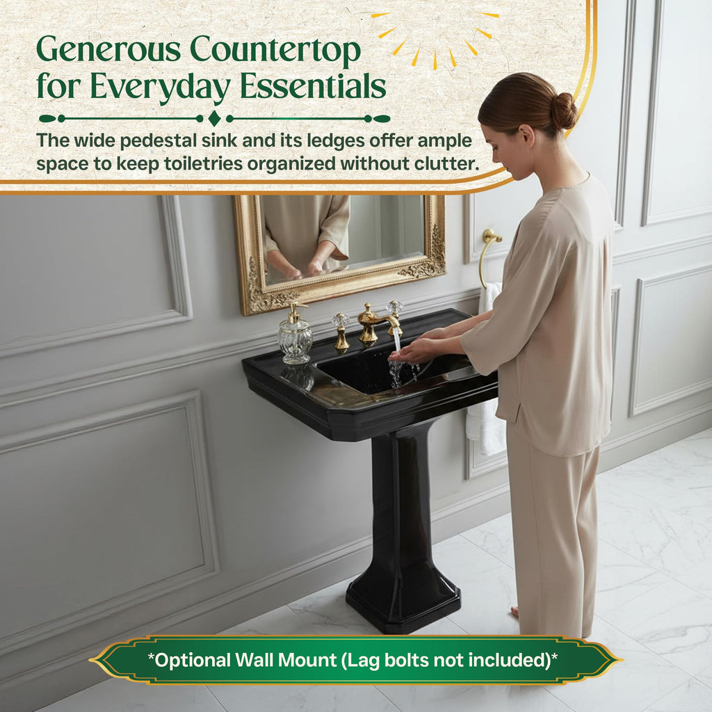 Renovators Supply Manufacturing Ondine Space Saving 16" W x 33" H x 14.5" Proj. Small Bathroom Pedestal Sink, Vitreous China, with Overflow, Compatible with 4 in. Centerset Faucets