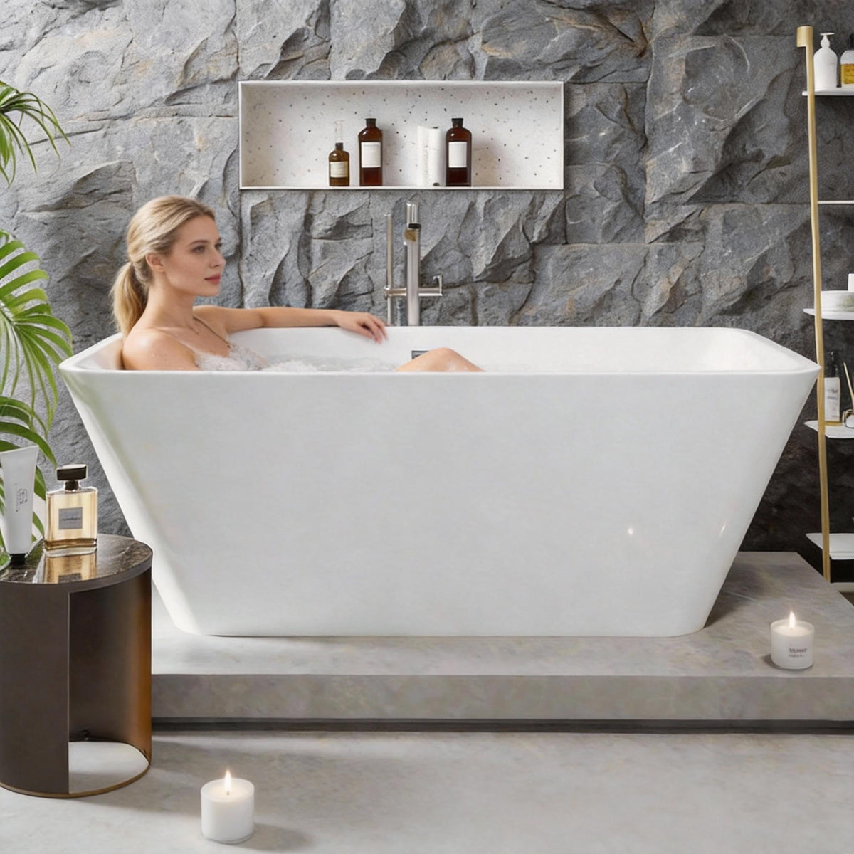 59" Acrylic Freestanding Bathtub, Modern Soaking Tub with Matte Drain and Overflow, Ergonomic Deep Design, Double-Walled Insulation, CUPC Certified, Easy Clean, Slip-Resistant, Gloss White