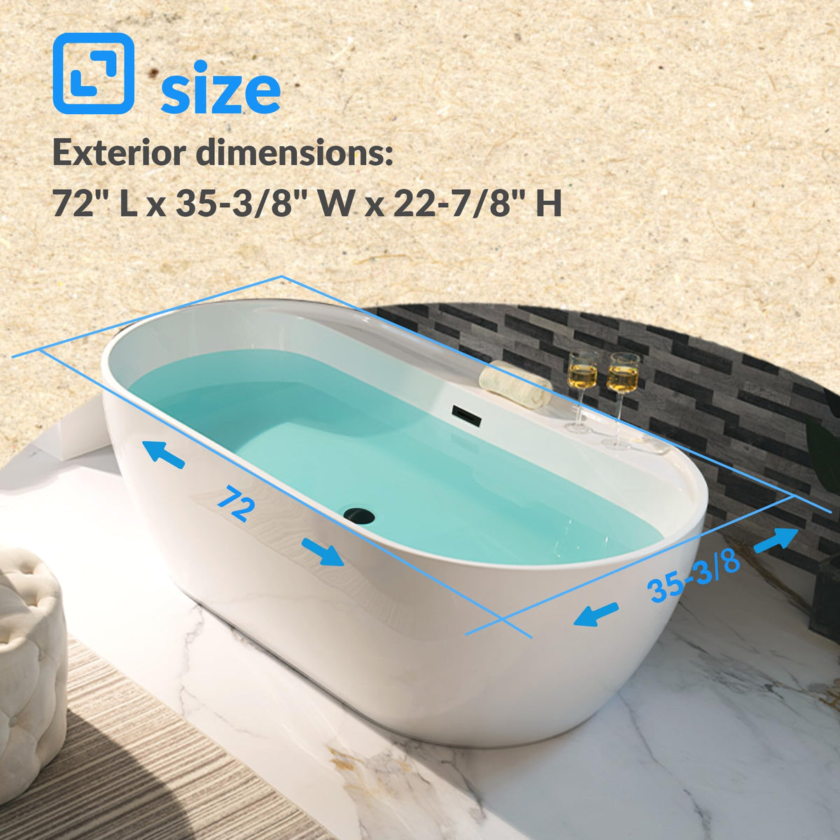 WOODBRIDGE 72" Acrylic Freestanding Bathtub Contemporary Soaking White Tub with Brushed Nickel Overflow and Drain,B0059BN