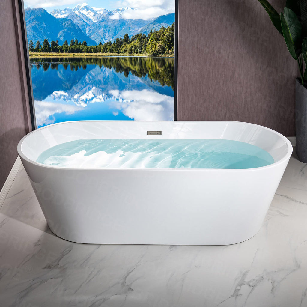WOODBRIDGE 54" Acrylic Freestanding Bathtub Contemporary Soaking White Tub with Matte Black Overflow and Drain,BTA1702-MB