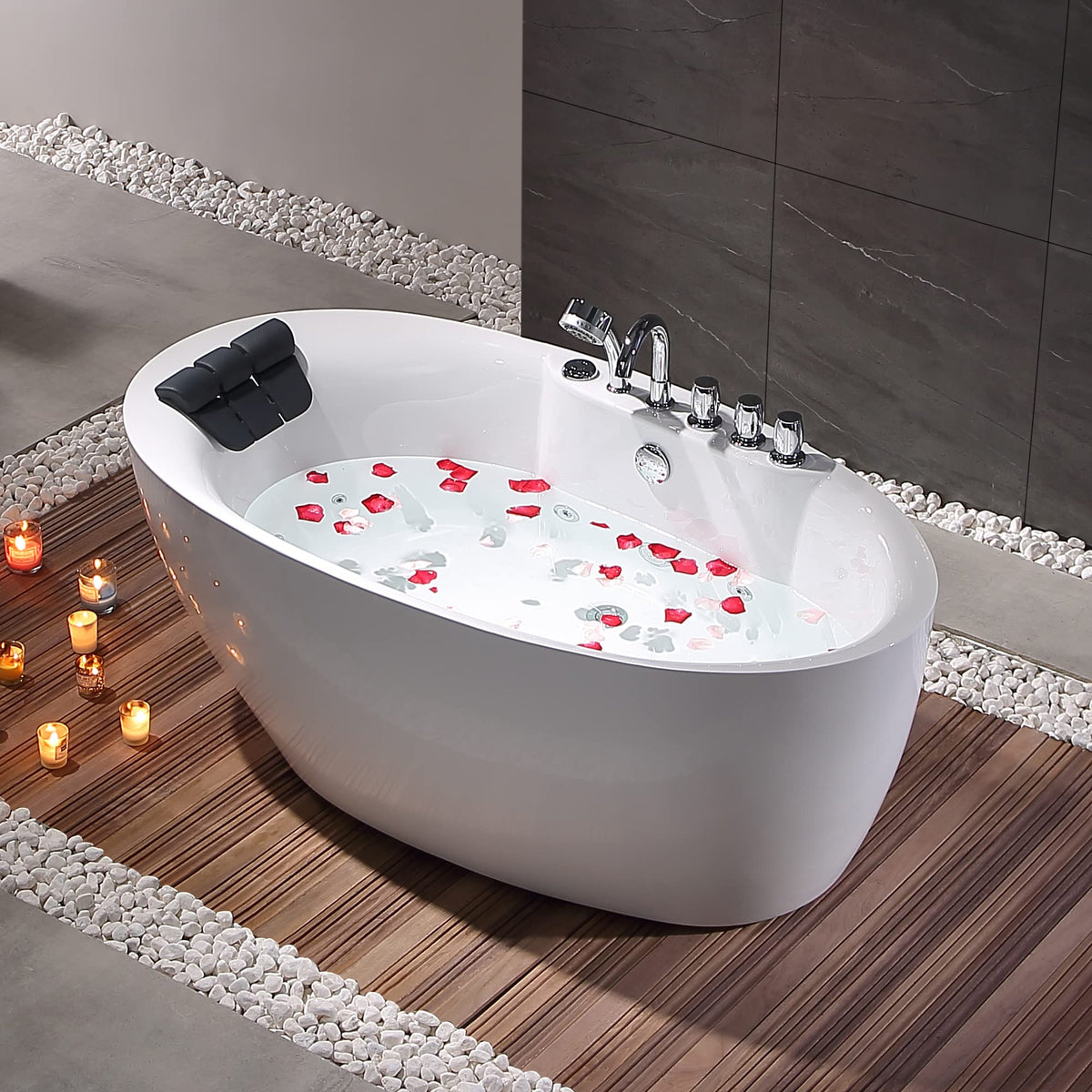 Empava 59" Freestanding Jetted Boat Shaped Whirlpool Bathtub, 8 Jets, ETL