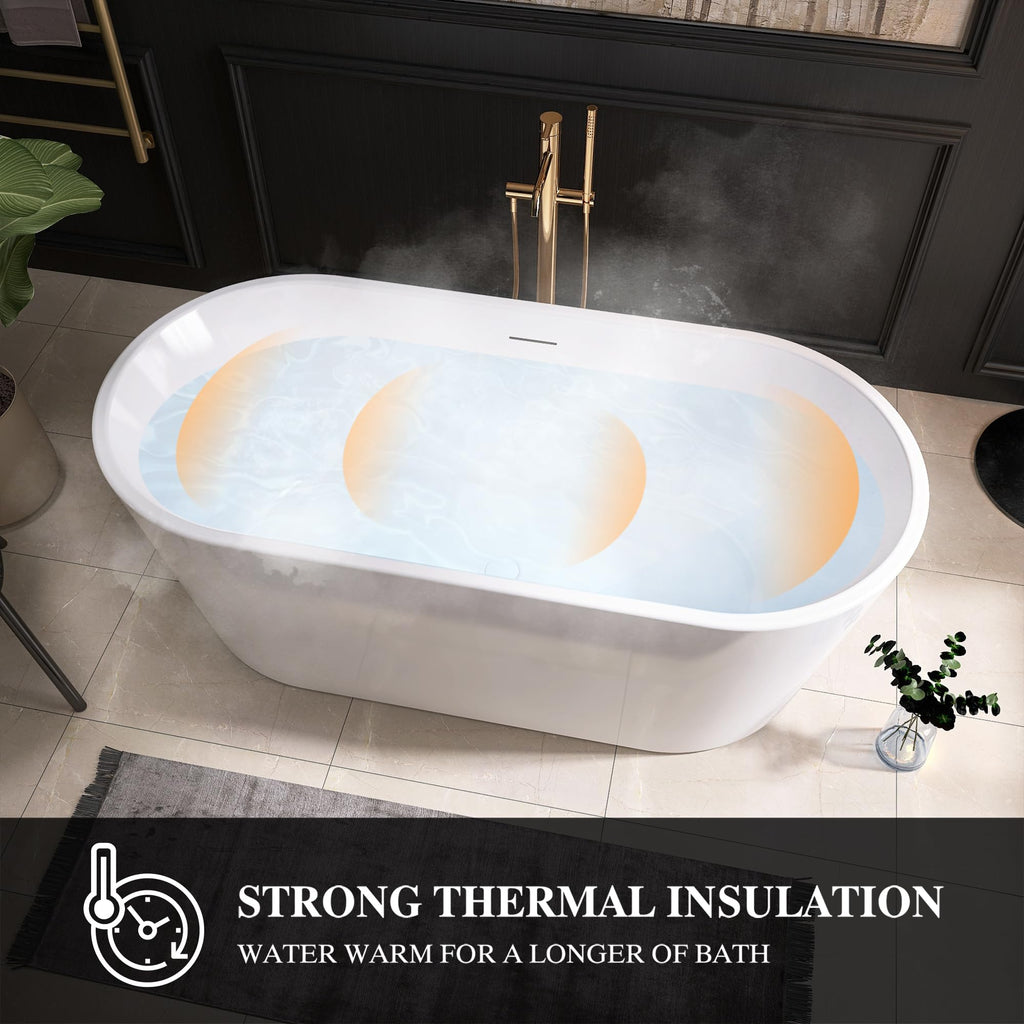 61" Freestanding Bathtubs, Acrylic Soaking Tubs for Adult, Integrated Overflow and Drain, cUPC Certified, Glossy White