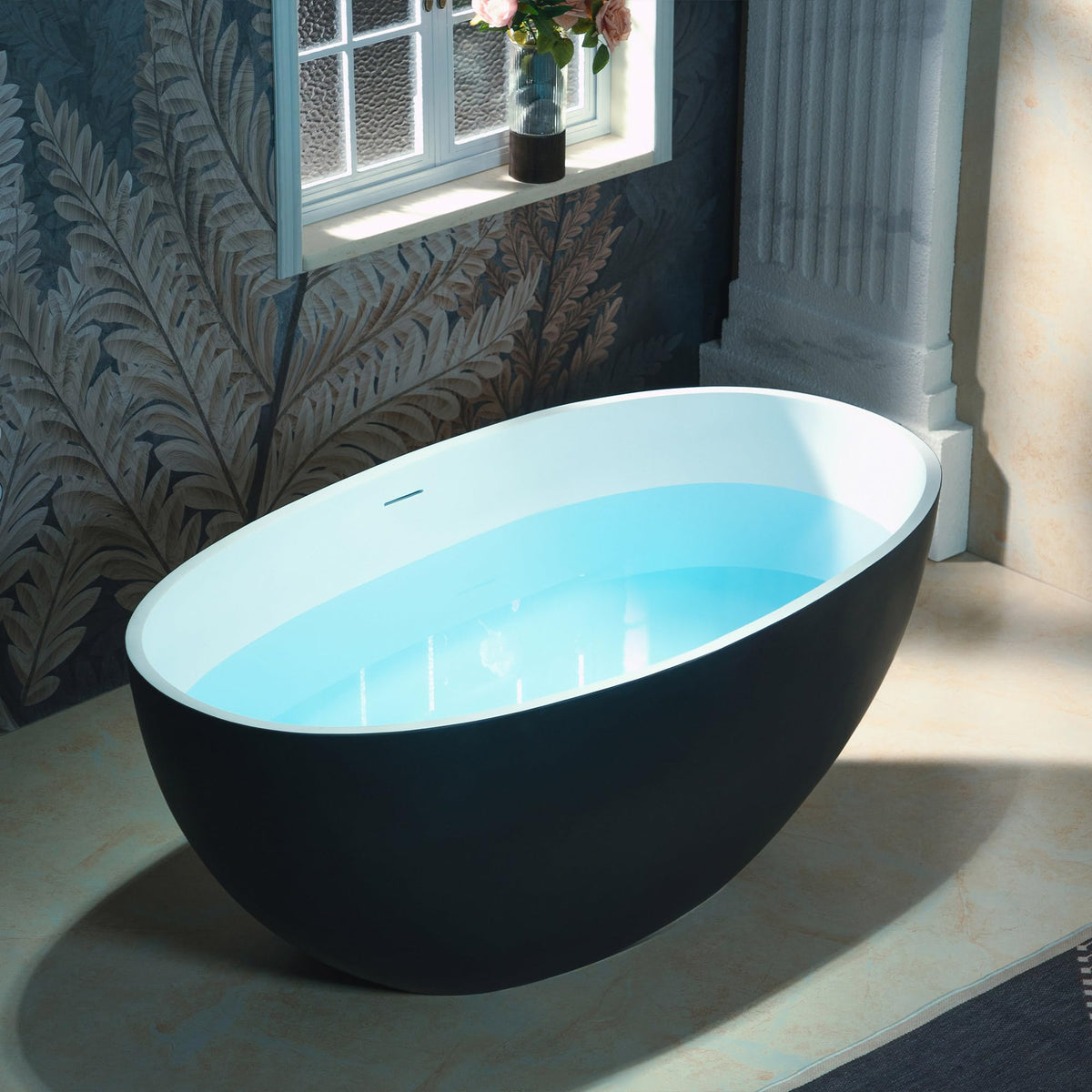 WOODBRIDGE 61" Stone Resin Freestanding Soaking Tub, Modern Oval Solid Surface Bathtub with Integrated Slotted Overflow & Drain, Matte White