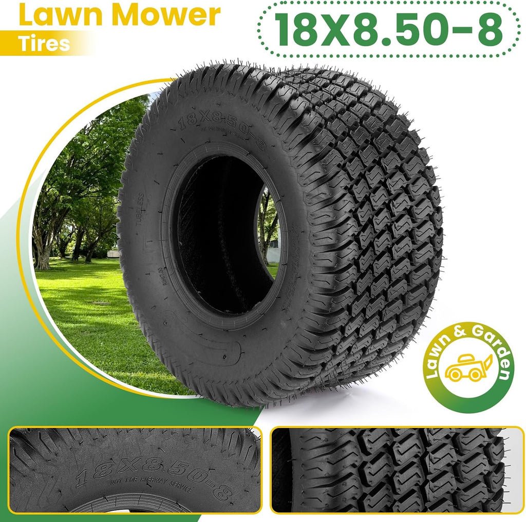18x8.50-8 Lawn Mower Tire,18x8.50x8 Lawn Mower Tires Set of 2, 4-Ply Tubeless Turf Tires for Zero Turn Mower/Golf Cart/Tractor, Heavy Duty 18x8.5-8 Tires with P332 Tread, Max Load 815LBS