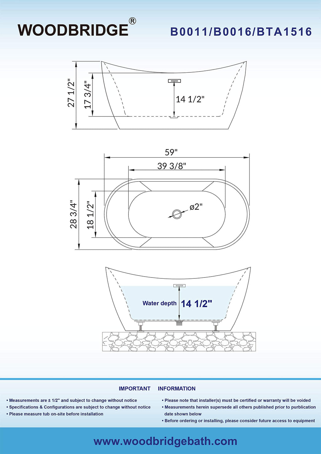 WOODBRIDGE 67" Acrylic Freestanding Bathtub Contemporary Soaking White Tub with Brushed Gold Overflow and Drain,B0010-BG