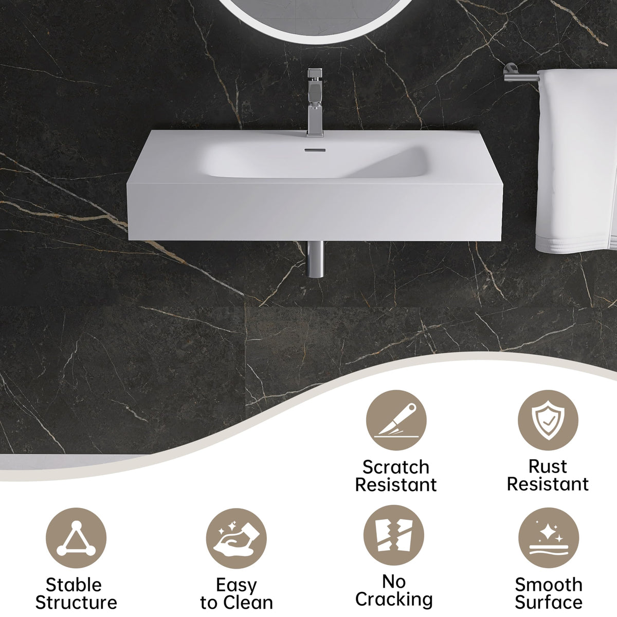 47" Wall Mount Sink, Artificial Stone Bathroom Sink, Single Hole