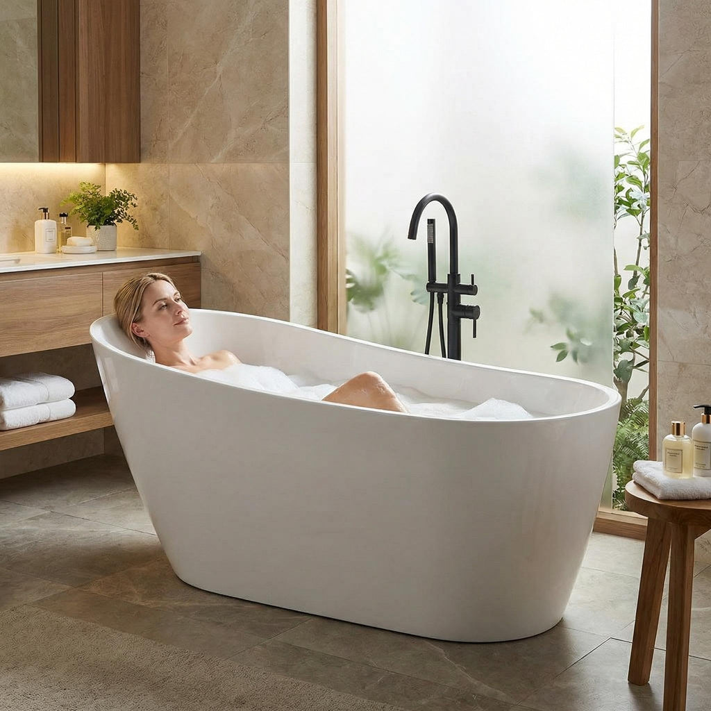 59" Acrylic Freestanding Soaking Bathtub, Deep Ergonomic Design with Lumbar Support, Integrated Overflow Drain, Non-Slip Base,cUPC Certified Modern Bathroom Tub, Easy Installation for Bathroom