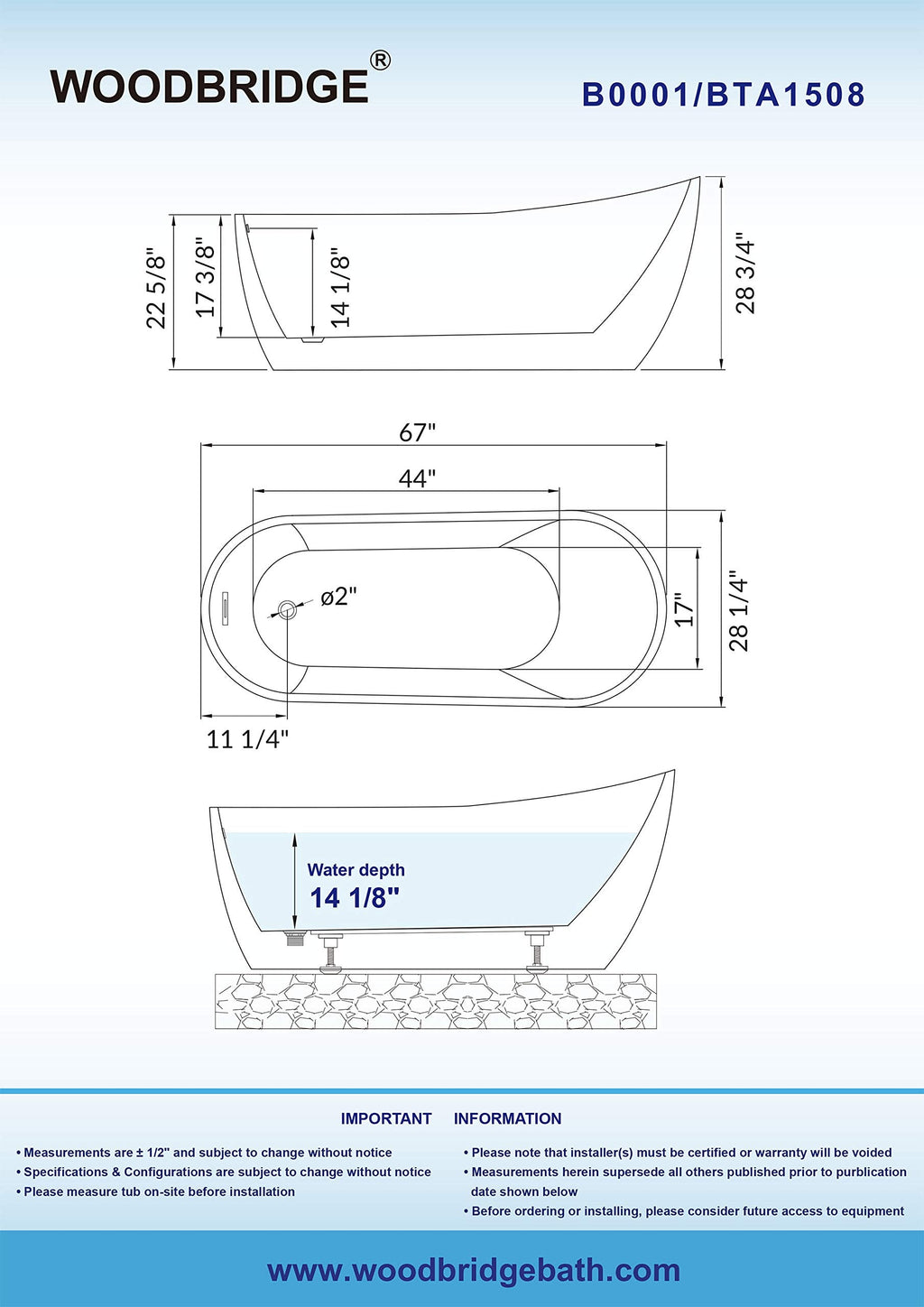 WOODBRIDGE 54"Freestanding White Acylic Soaking Bathtub with Brushed Nickel Drain and Overflow,BTA1507 -B/N-Drain &O