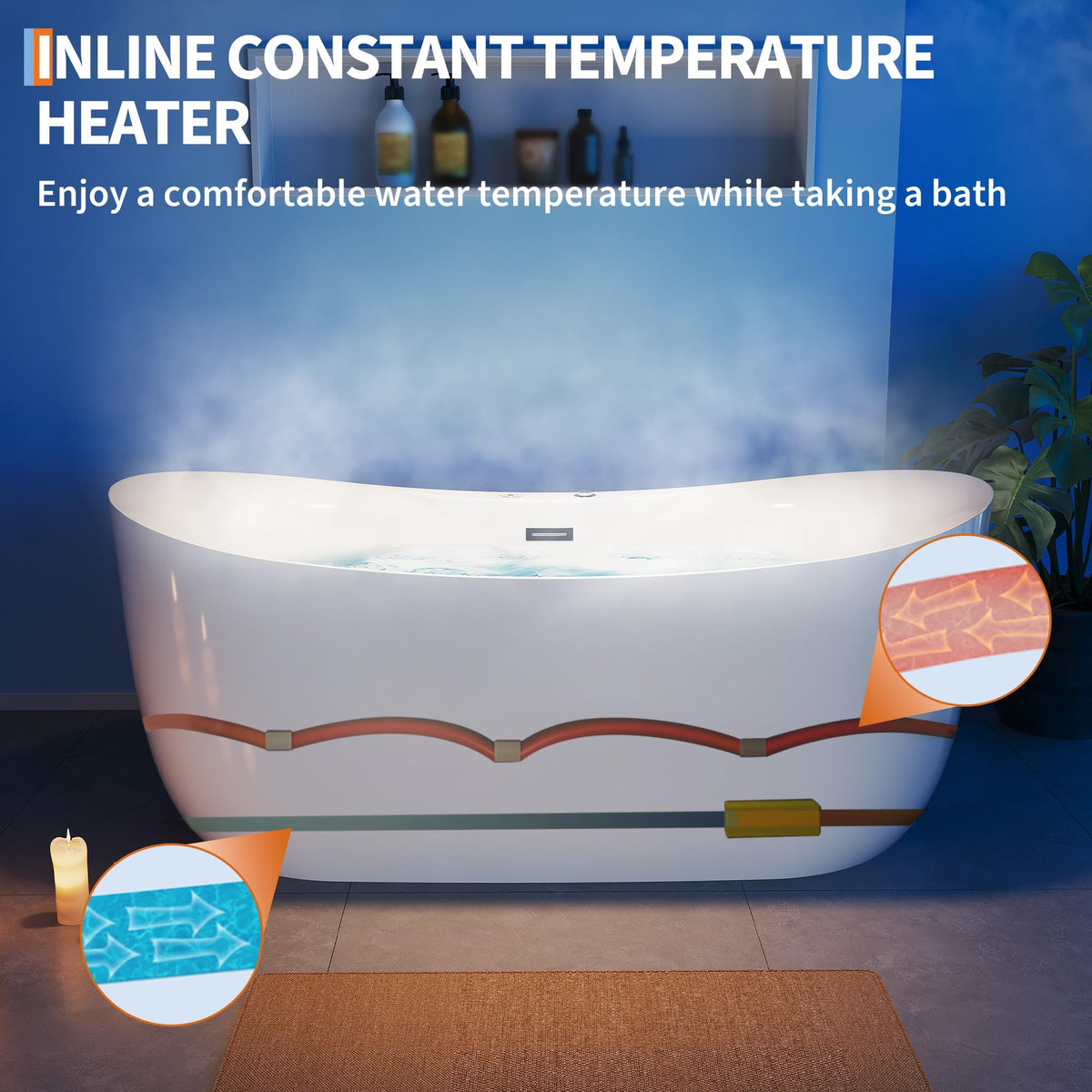 Freestanding Bathtub 59 inch Acrylic Free Standing Tub 59 Inch, Free Standing Tub with Chrome Drain & Overflow, Ergonomic Stand Alone Tub for Small Bathroom or Home Spa