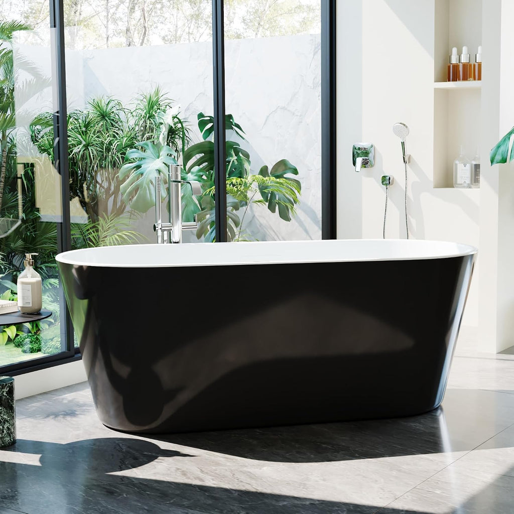 67'' Acrylic Freestanding Bathtub, Extra-Deep Soaking Free Standing Tub for Luxurious Bathing Experience, with Chrome Drain, for Main Bathroom, Black & White