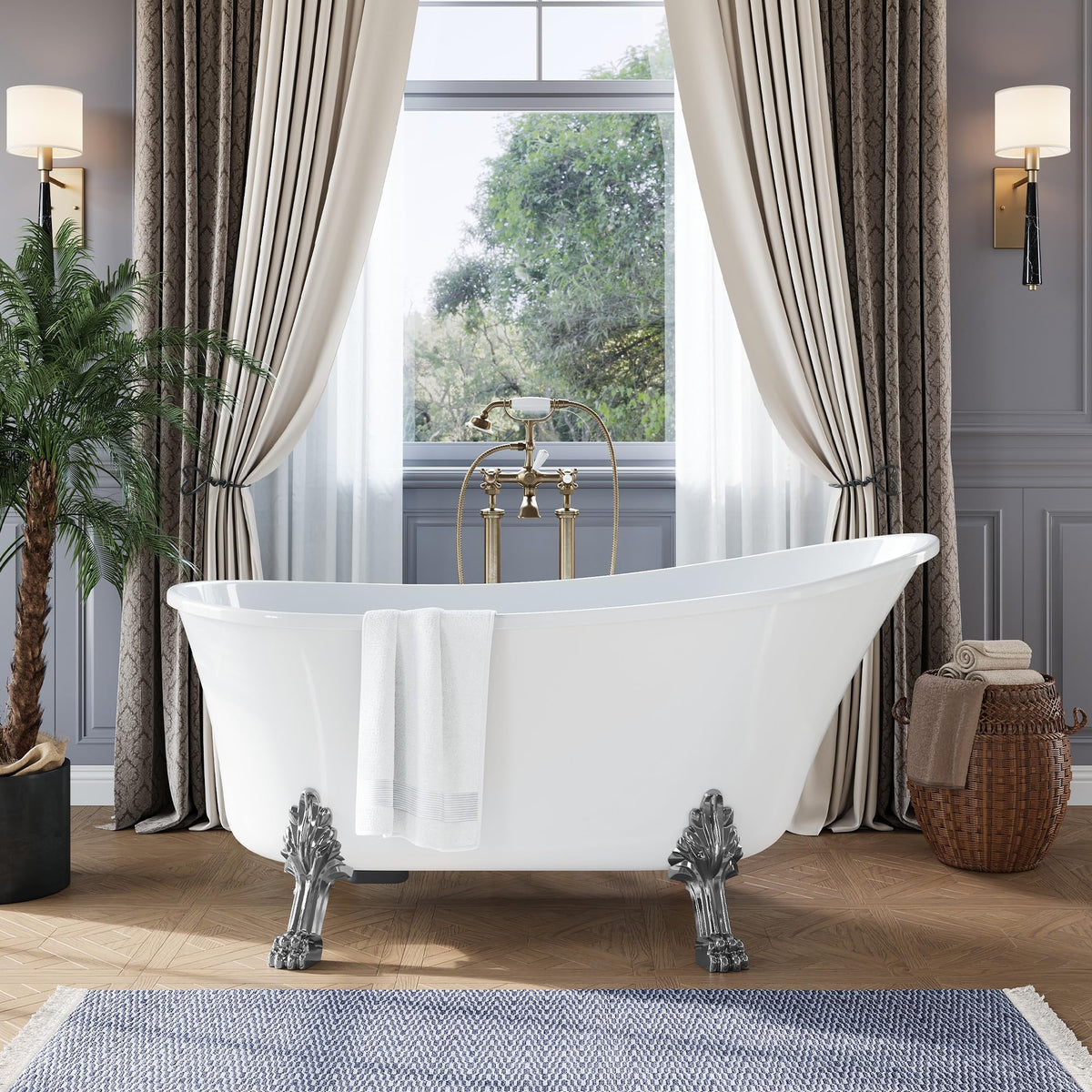 59 Inch Freestanding Bathtubs, White Acrylic Free Standing Bathtub, Modern Soaking Tub with Integrated Overflow & Chrome Drain for Bathroom Remodel