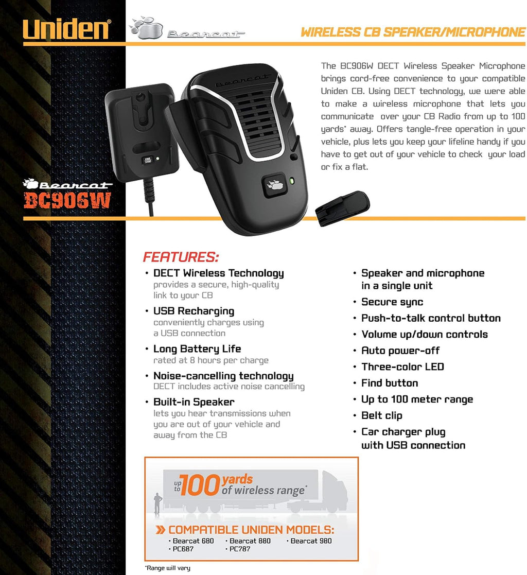 Uniden BC906W Wireless CB Microphone and Speaker in a single unit, Up to 100 Yard Range, Smart Power Save, Active Noise-Canceling Technology, Clear Quality Sound,Black