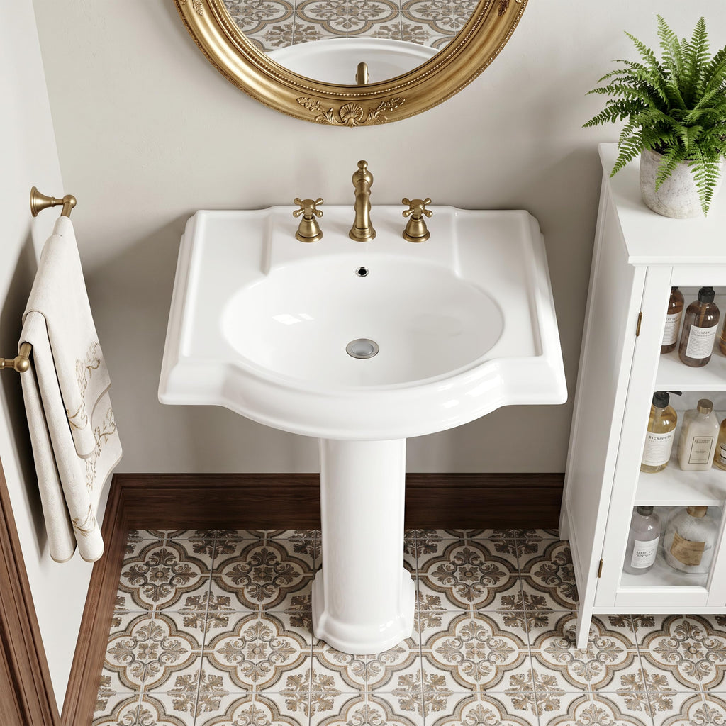 Garvee White Ceramic Pedestal Bathroom Sink, Single Hole Freestanding Basin