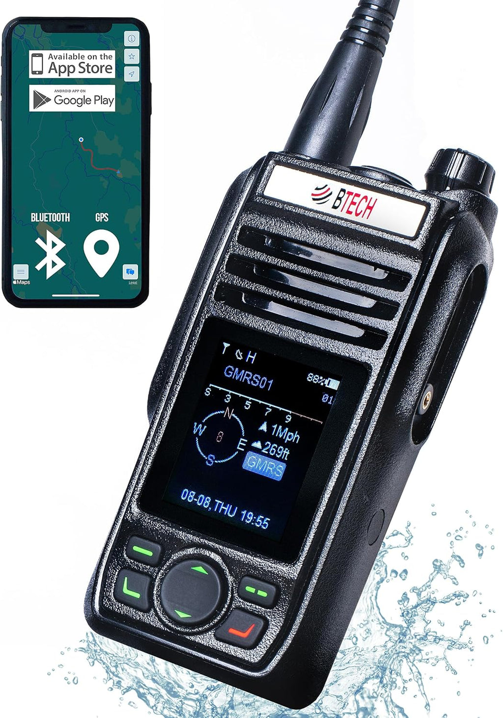 BTECH GMRS-PRO 5W Long-Range GMRS Radio â IP67 Waterproof, Bluetooth VOX, GPS, Texting, NOAA, Compass, Dual-Band Scanner, Off-Grid Location Sharing, Two-Way Walkie Talkie