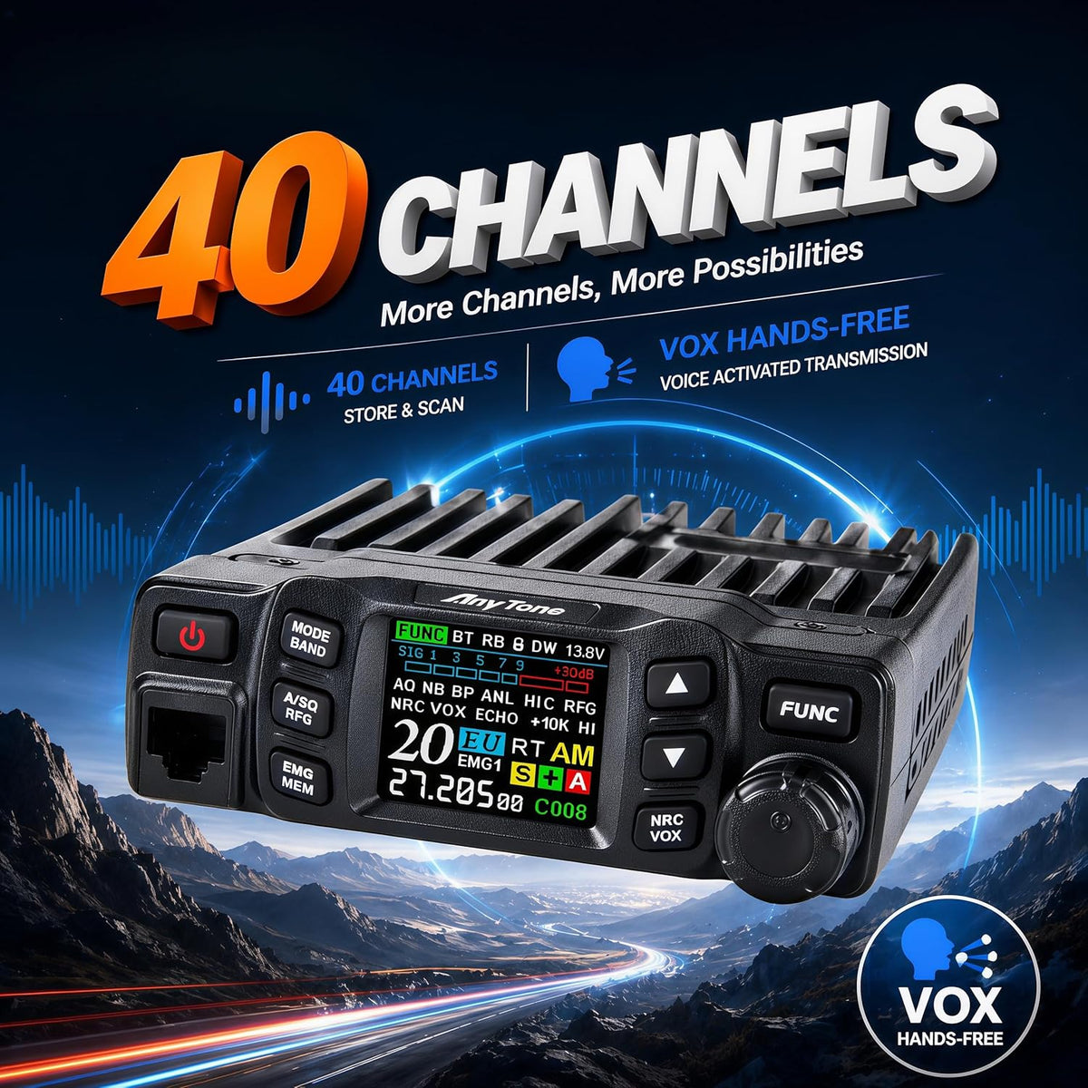 AnyTone AT-5000 CB Radio with SSB, 40 Channels Mobile Transceiver, USB/LSB, NOAA Weather, NRC Noise Reduction, SWR Meter, VOX, 12V/24V for Semi Trucks