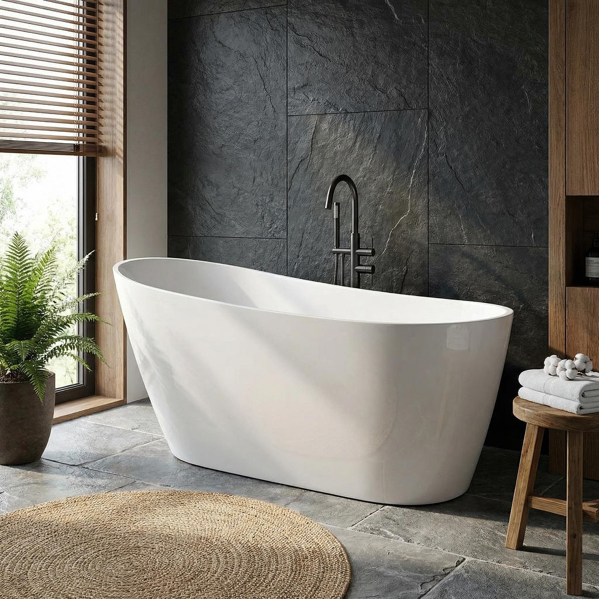 59" Acrylic Freestanding Soaking Bathtub, Deep Ergonomic Design with Lumbar Support, Integrated Overflow Drain, Non-Slip Base,cUPC Certified Modern Bathroom Tub, Easy Installation for Bathroom