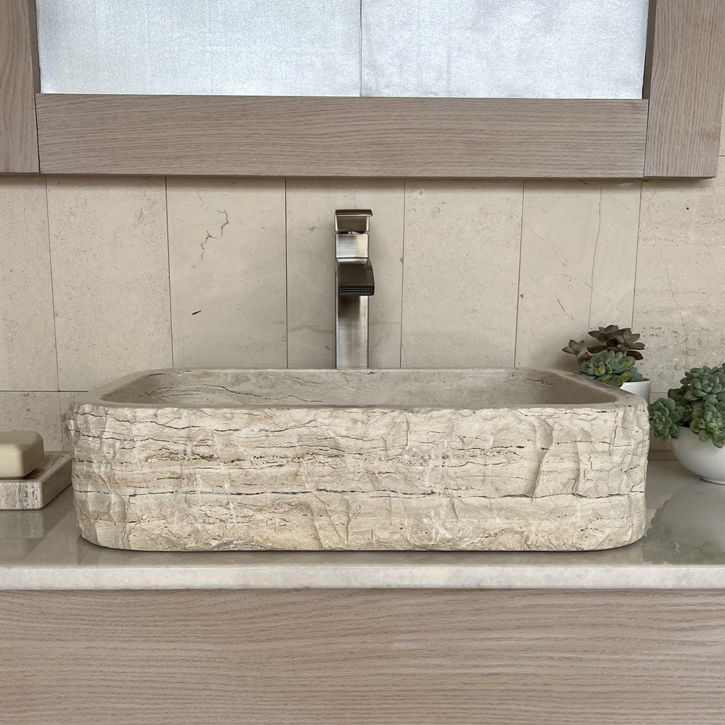 Oval Travertine Vessel Sink â Natural Stone Wash Basin, Hand-Carved Bathroom Sink with Chiseled Exterior & Polished Interior, Above Counter Vanity Basin (Includes Matching Soap Tray)