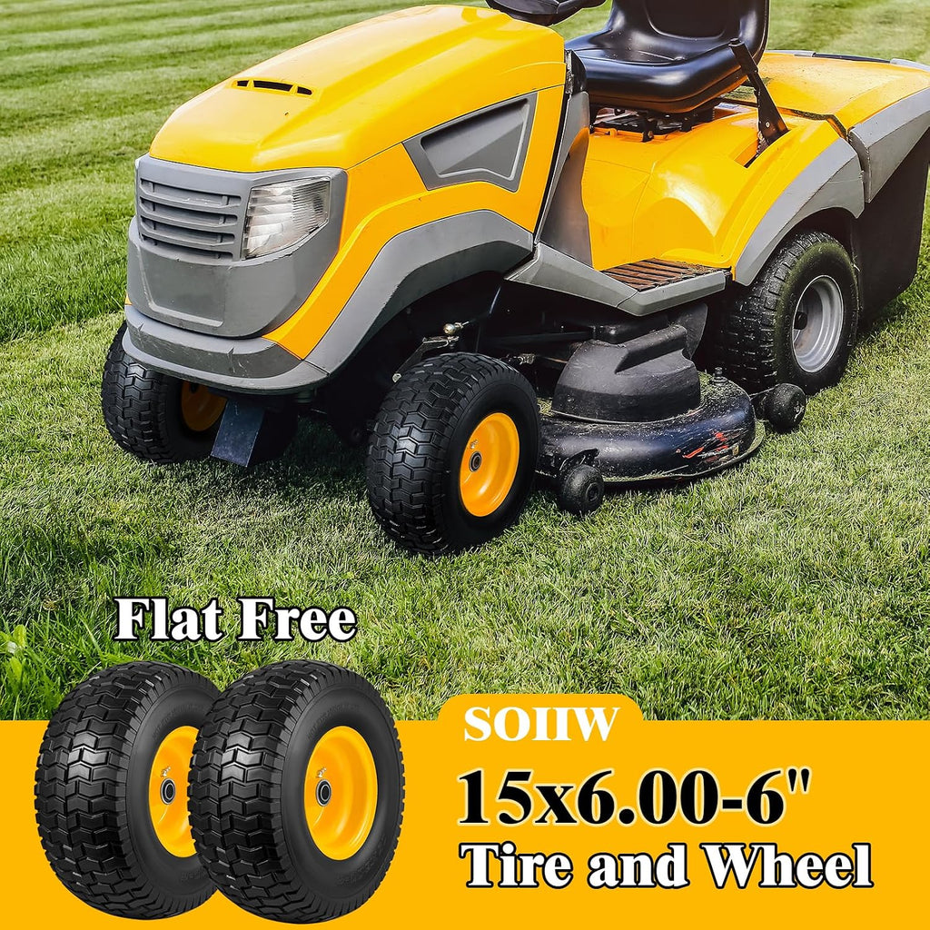 15x6.00-6 Flat Free Lawn Mower Tire Wheel 2PCS for John Deere Lawn Tractor