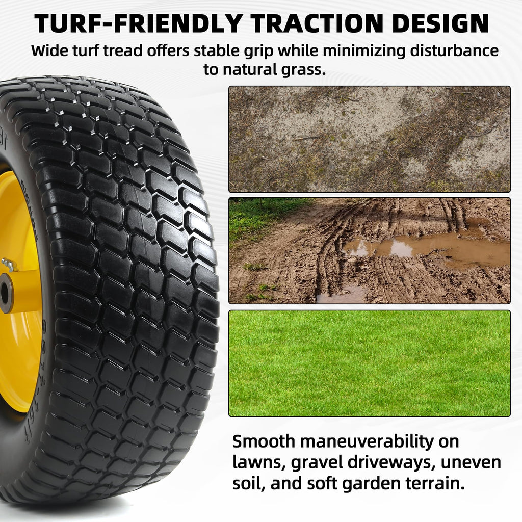 AR-PRO (2-Pack) 16x6.50-8 Flat-Free Tire and Wheel Assemblies, Relacement 16x6.5-8 Solid Turf Tire with Rim for Garden Tractor Riding Lawn Mowers, 3" Offset Hub and 3/4" Bushings