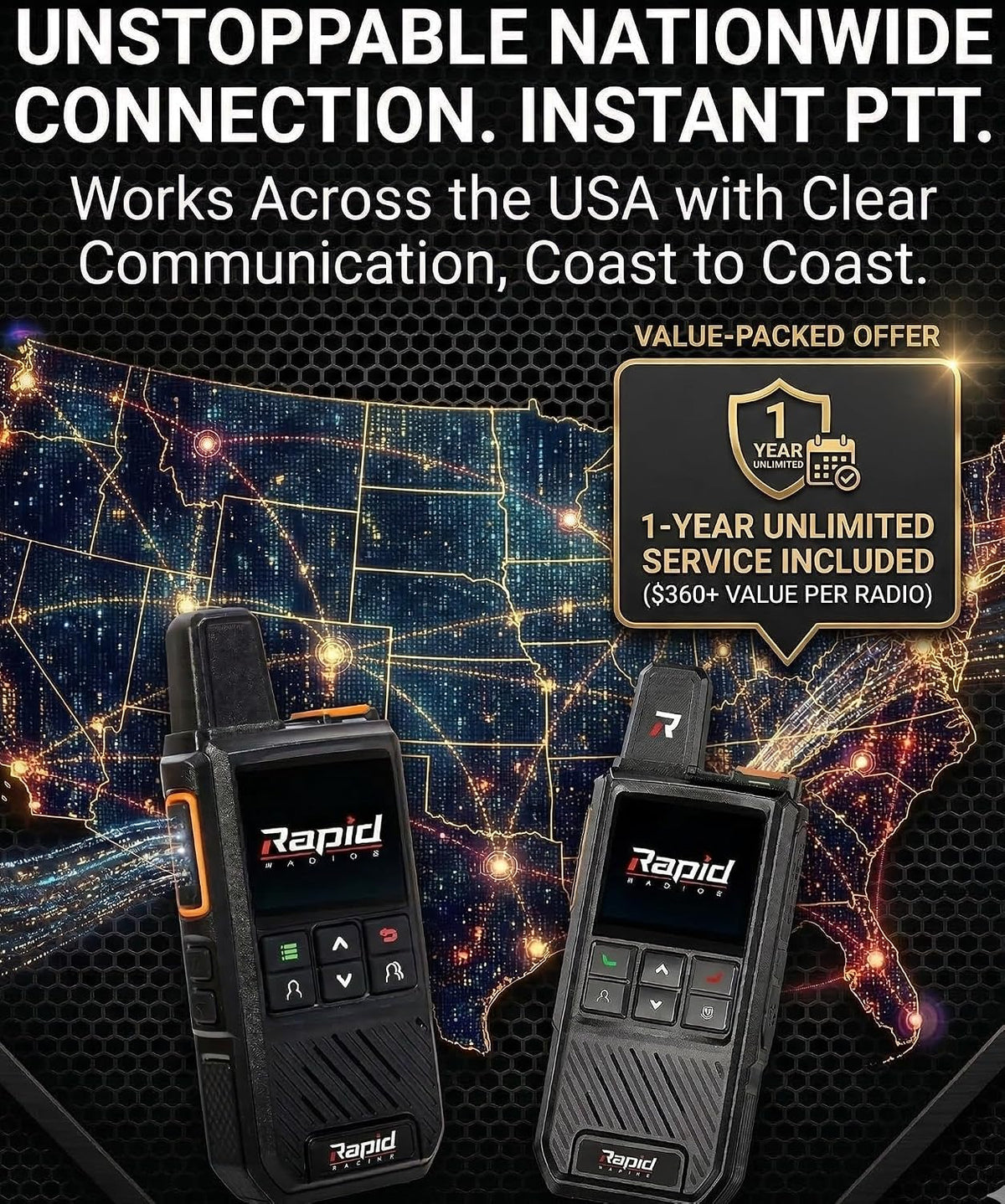 Rapid Radios G1 - Nationwide LTE Walkie-Talkies - Unlimited Range Cellular Push-to-Talk Two-Way Radios Set