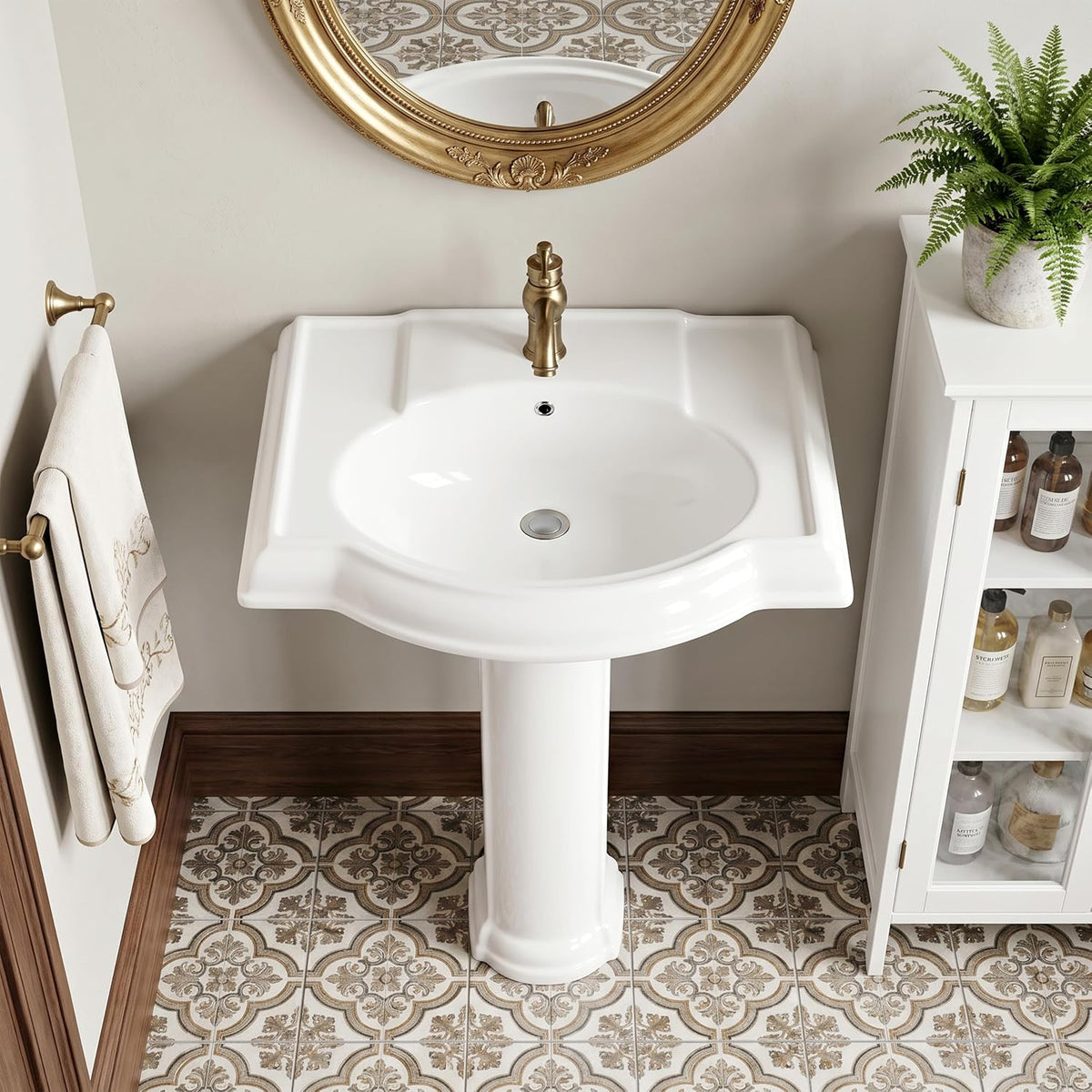 Garvee White Ceramic Pedestal Bathroom Sink, Single Hole Freestanding Basin
